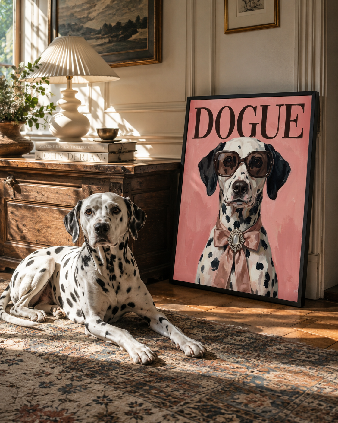 Framed DOGUE portrait leaning against a wall in a sunlit hallway