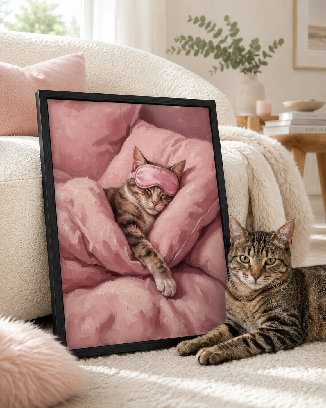 Black framed painterly cat portrait on a soft sofa